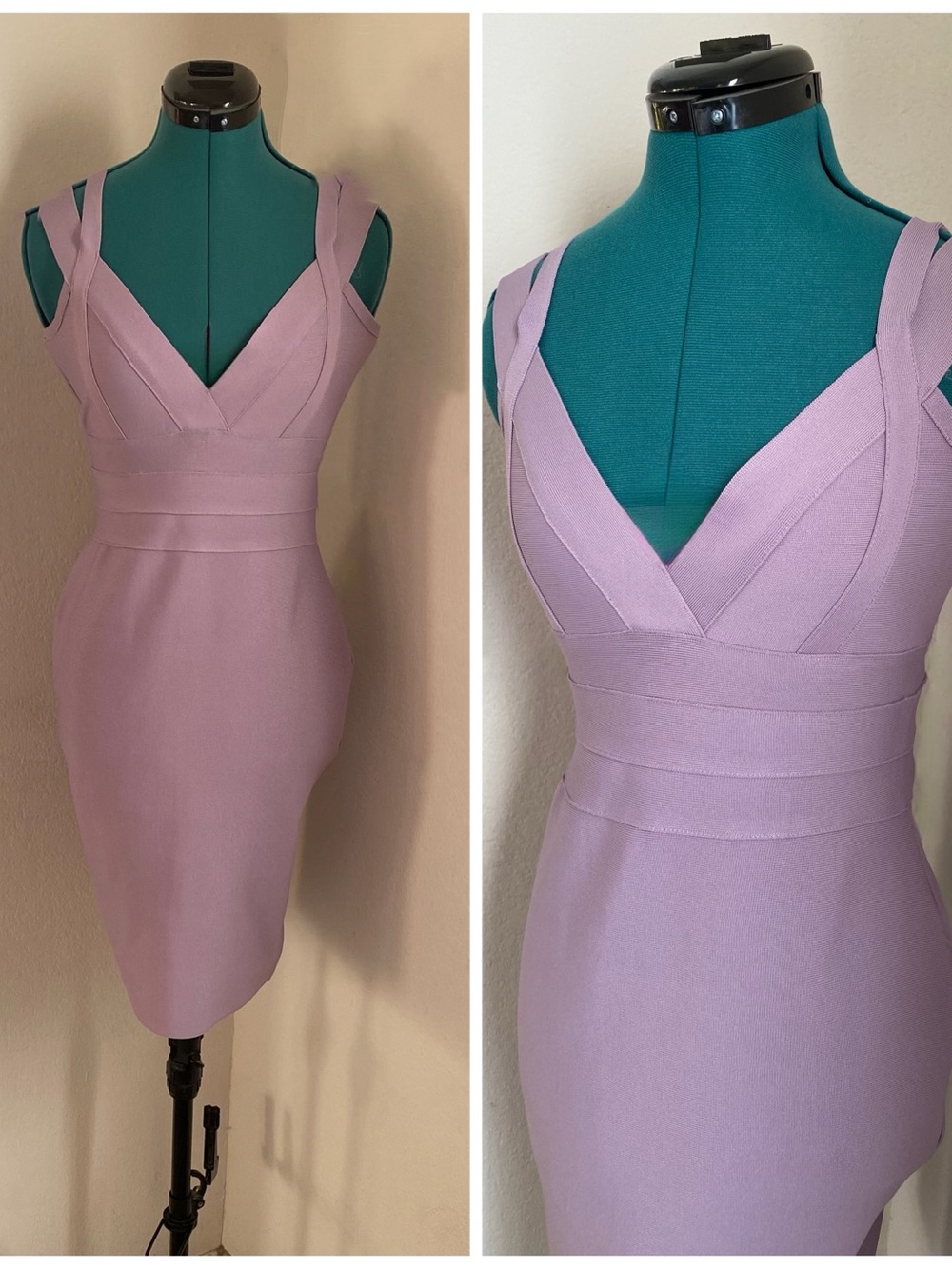 Form-Fitting Bandage Lilac V-Neck Midi Dress M